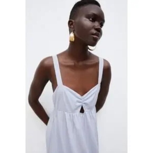 Zara Women's Strappy 100% Cotton Maxi Dress Gathered Front Light Blue Size S - Picture 4 of 16